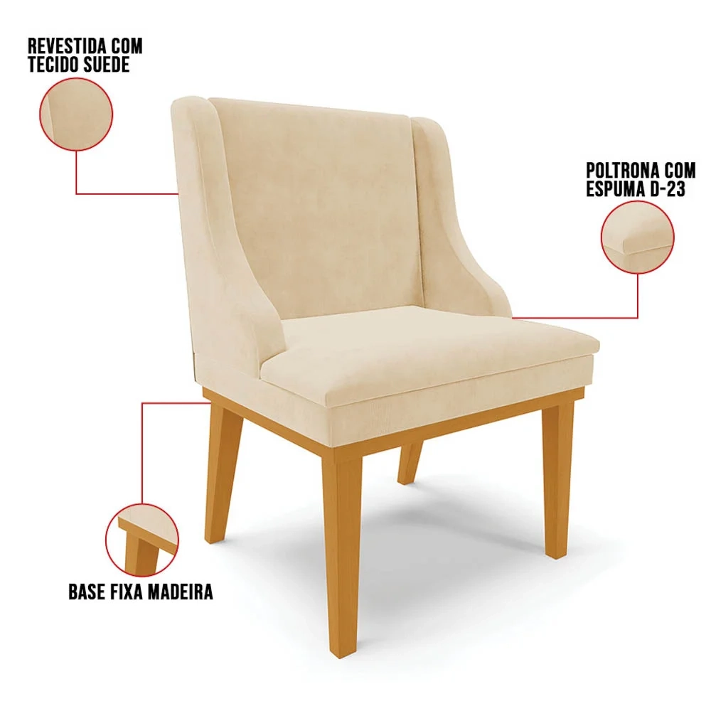 Kit 4 Cadeiras Estofadas para Sala de Jantar Base Fixa de Madeira Castanho Lia Suede Bege - Ibiza