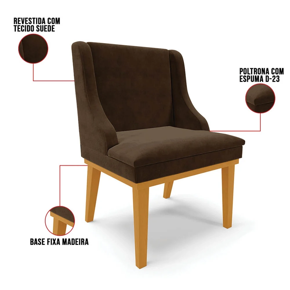 Kit 4 Cadeiras Estofadas para Sala de Jantar Base Fixa de Madeira Castanho Lia Suede Marrom - Ibiza