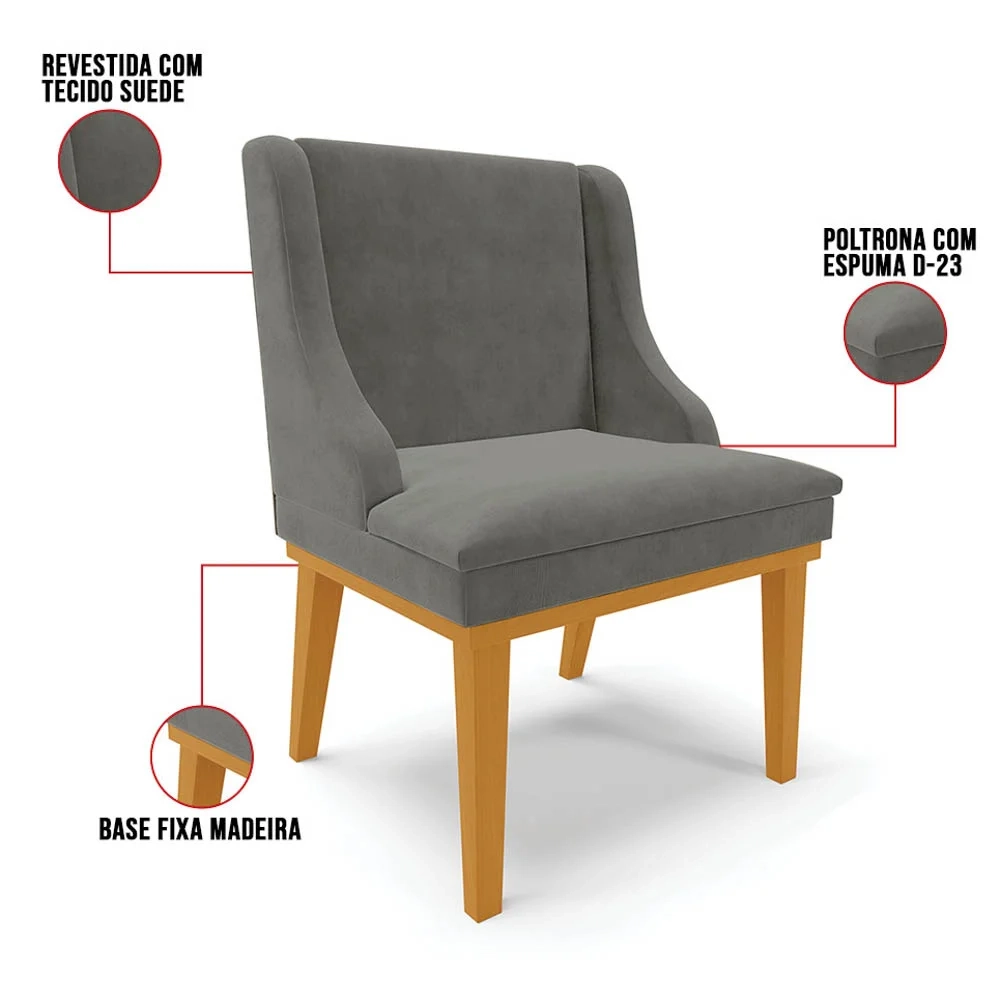 Kit 6 Cadeiras Estofadas para Sala de Jantar Base Fixa de Madeira Castanho Lia Suede Grafite - Ibiza