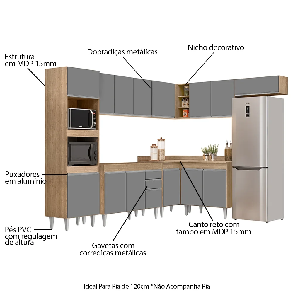 Armário de Cozinha Modulada de Canto 8 Peças CP01 Balcão Castanho/Cinza - Lumil