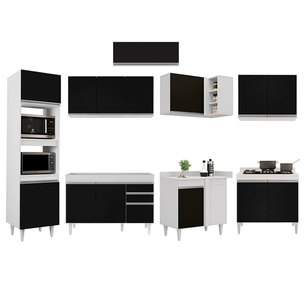 Armário de Cozinha Modulada de Canto 8 Peças CP01 Balcão Branco/Preto - Lumil