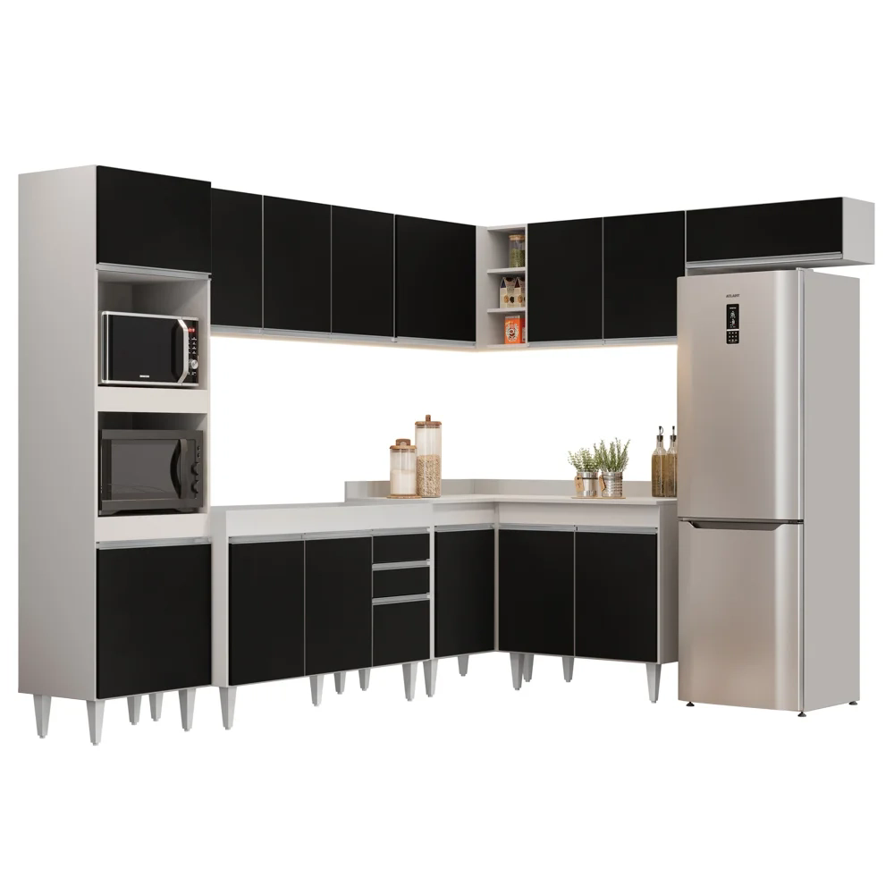 Armário de Cozinha Modulada de Canto 8 Peças CP01 Balcão Branco/Preto - Lumil