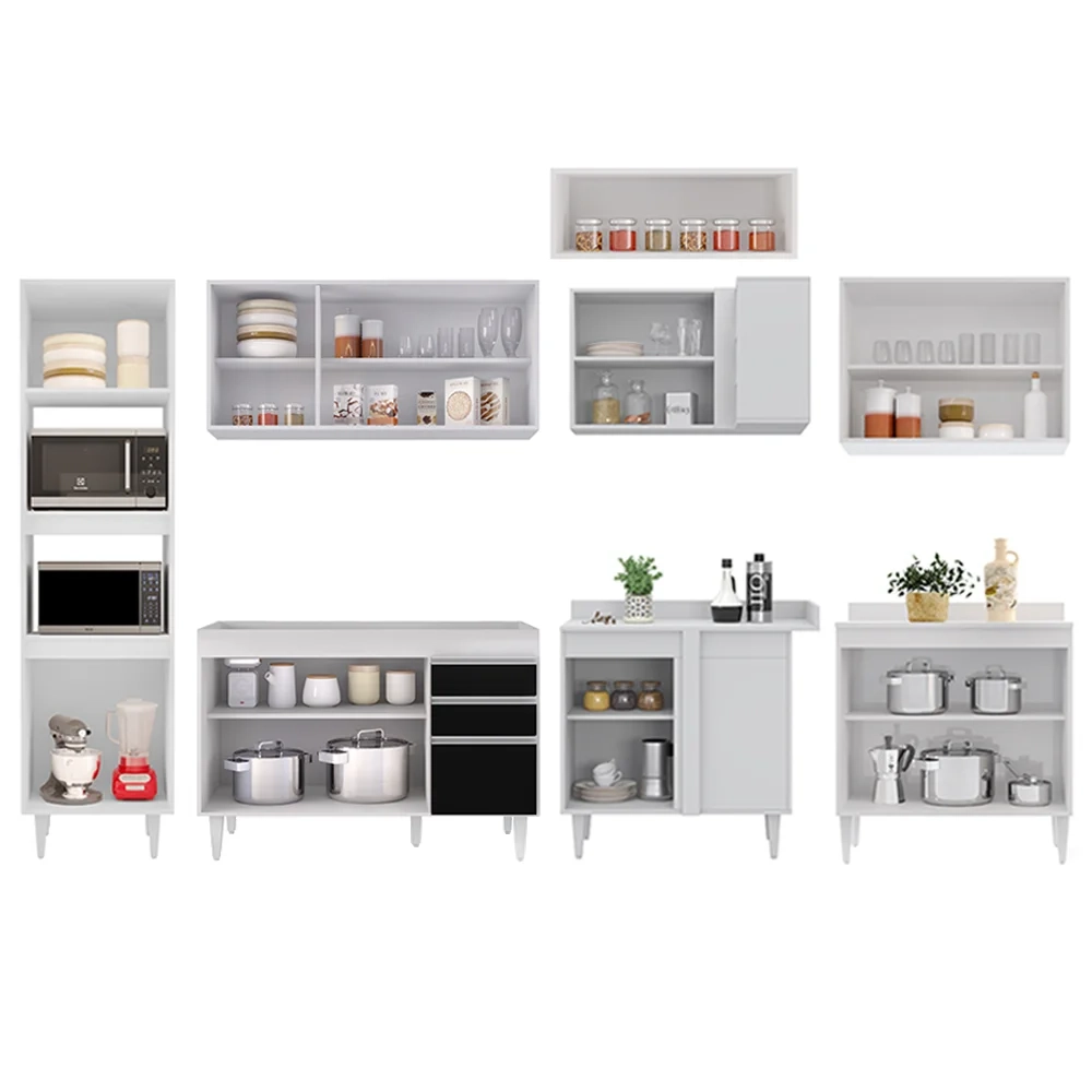 Armário de Cozinha Modulada de Canto 8 Peças CP01 Balcão Branco/Preto - Lumil
