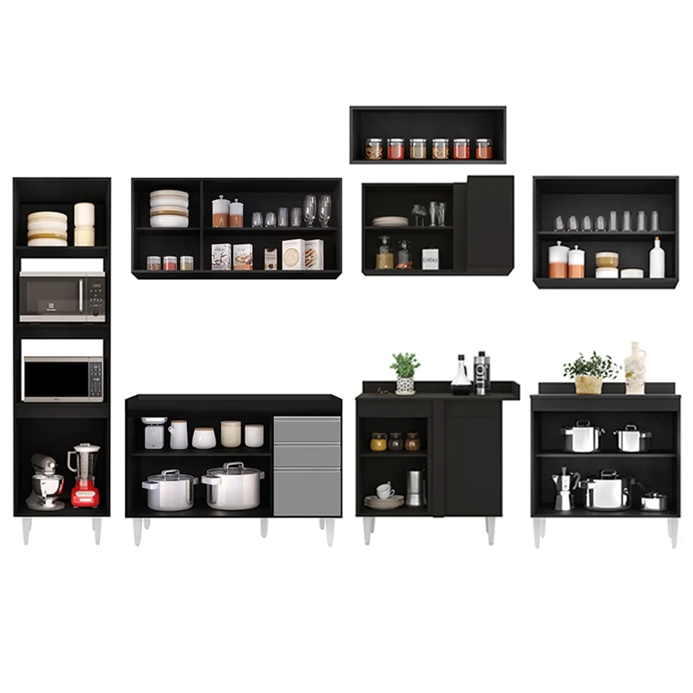 Armário de Cozinha Modulada de Canto 8 Peças CP01 Balcão Preto/Cinza - Lumil