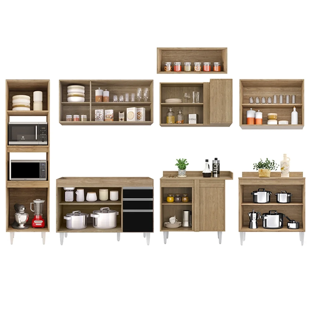 Armário de Cozinha Modulada de Canto 8 Peças CP01 Balcão Castanho/Preto - Lumil