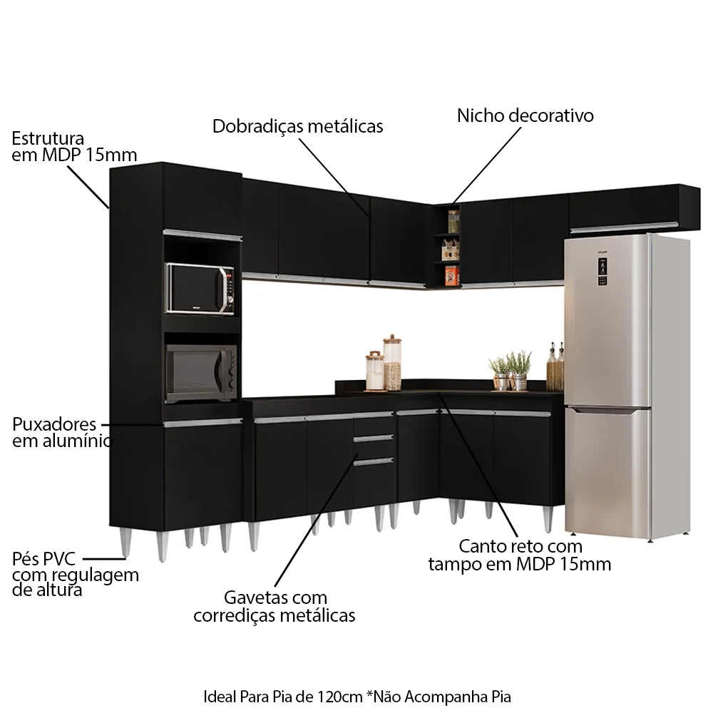 Armário de Cozinha Modulada de Canto 8 Peças CP01 Balcão Preto - Lumil