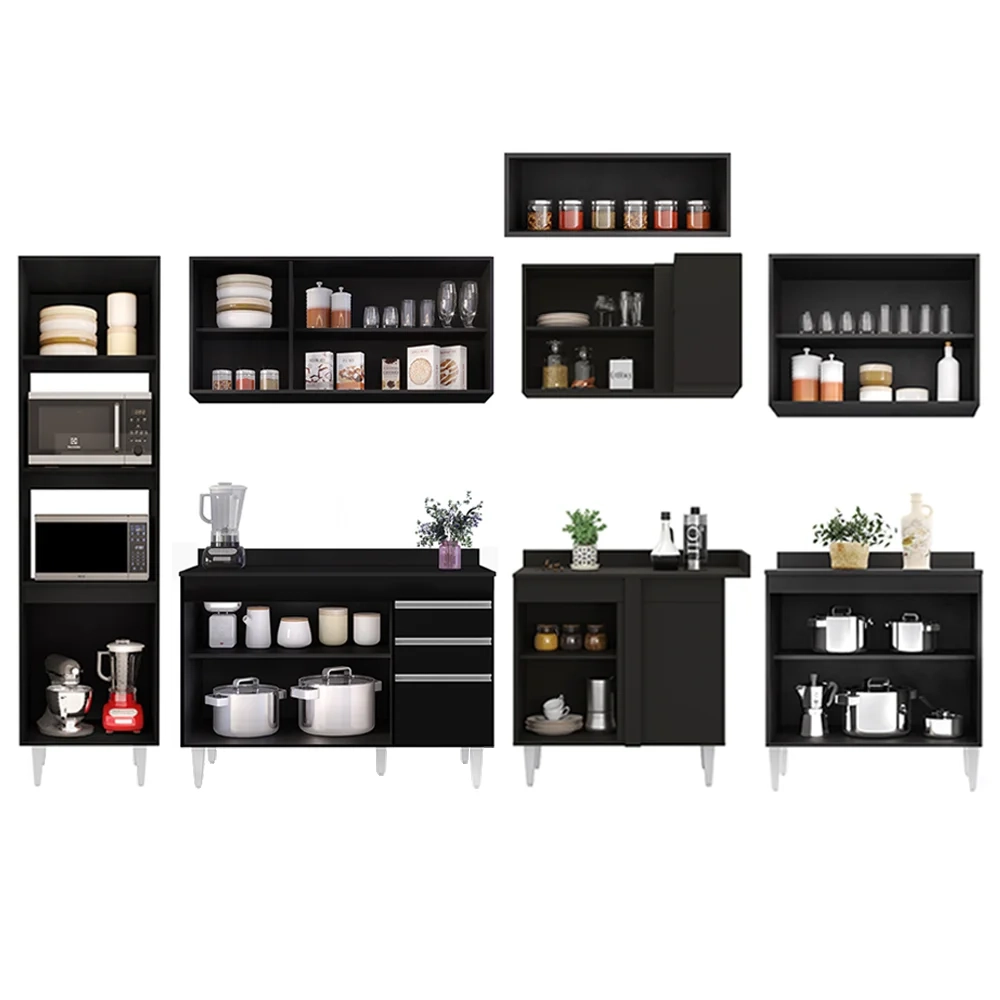 Armário de Cozinha Modulada de Canto 8 Peças CP02 Balcão com Tampo Preto - Lumil