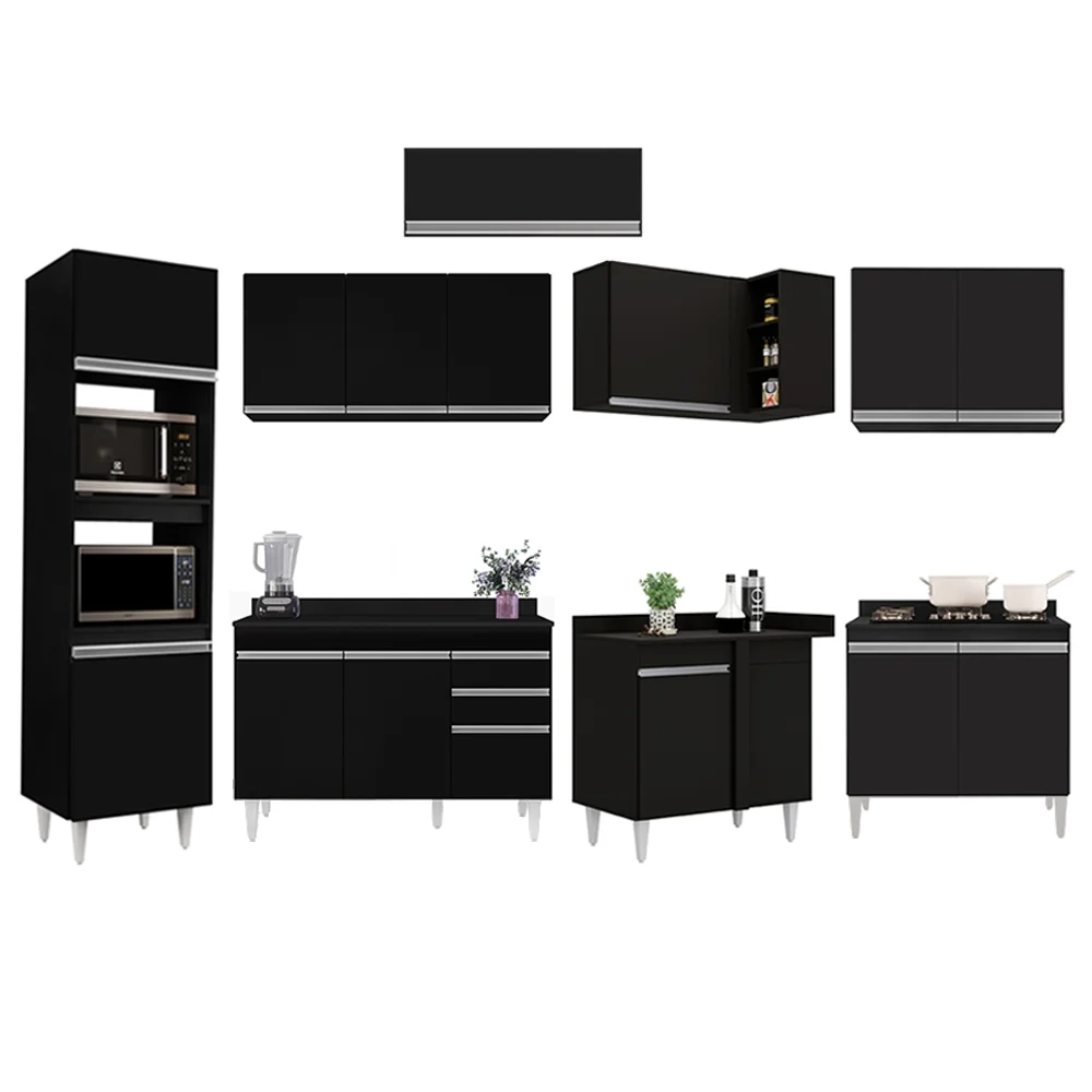 Armário de Cozinha Modulada de Canto 8 Peças CP02 Balcão com Tampo Preto - Lumil
