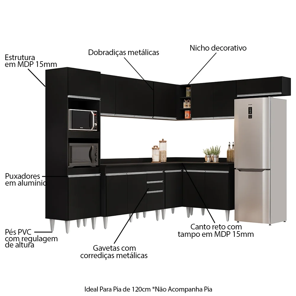 Armário de Cozinha Modulada de Canto 8 Peças CP02 Balcão com Tampo Preto - Lumil