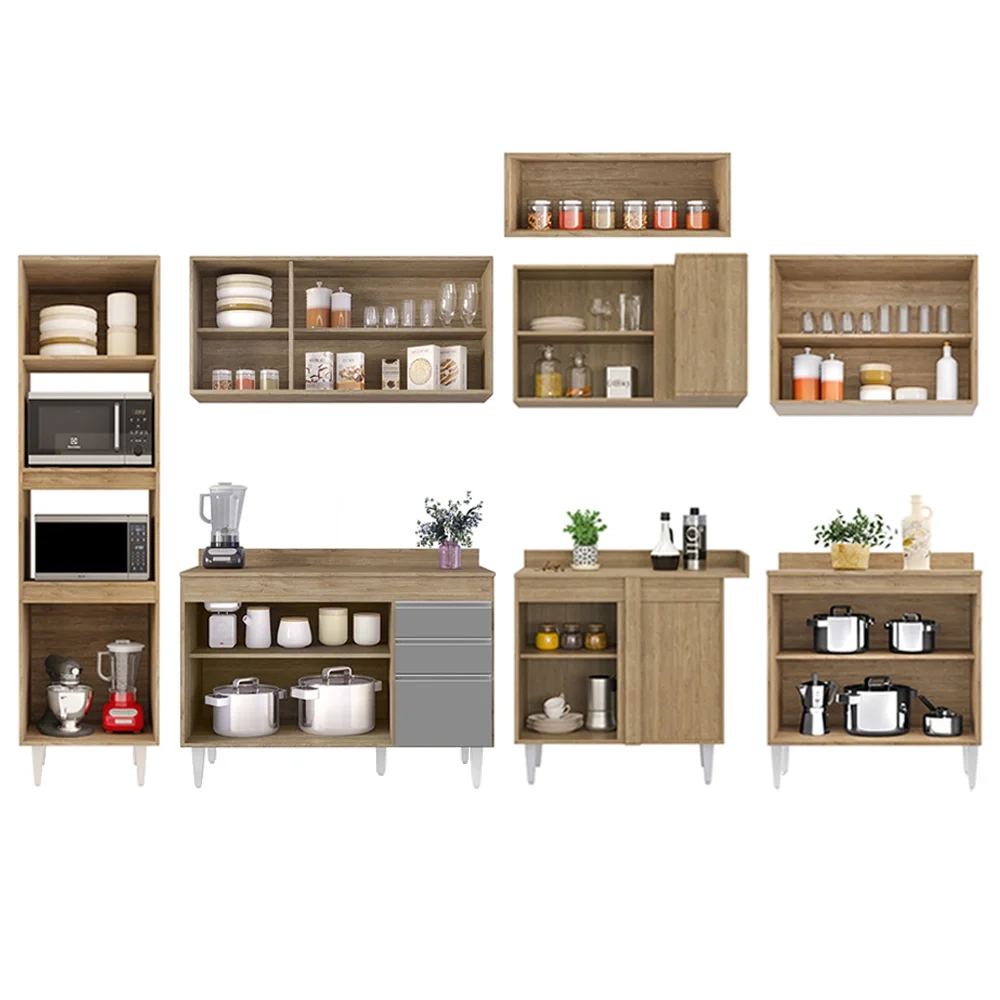Armário de Cozinha Modulada de Canto 8 Peças CP02 Balcão com Tampo Castanho/Cinza - Lumil