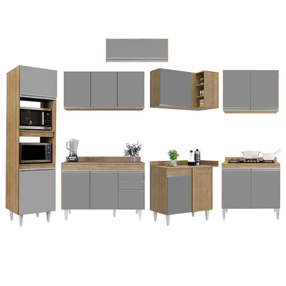 Armário de Cozinha Modulada de Canto 8 Peças CP02 Balcão com Tampo Castanho/Cinza - Lumil