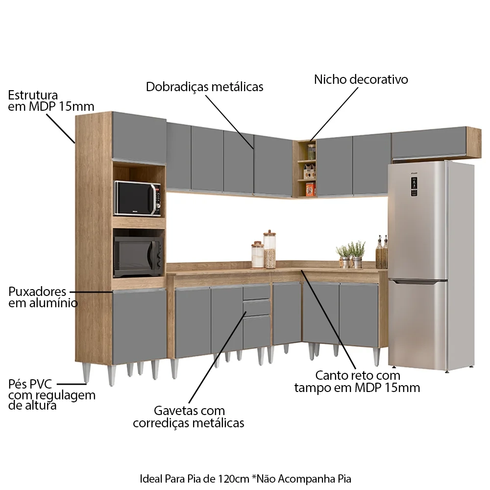 Armário de Cozinha Modulada de Canto 8 Peças CP02 Balcão com Tampo Castanho/Cinza - Lumil