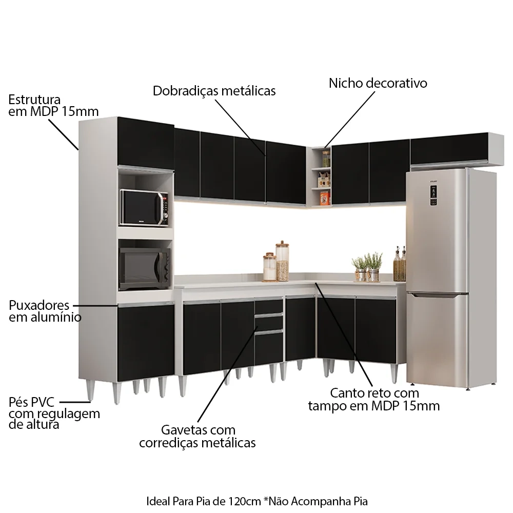Armário de Cozinha Modulada de Canto 8 Peças CP02 Balcão com Tampo Branco/Preto - Lumil