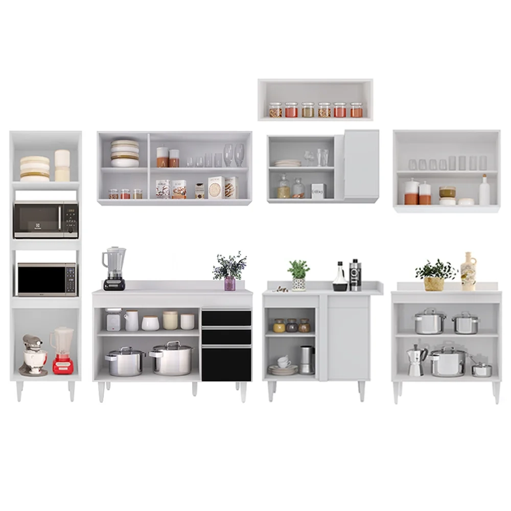 Armário de Cozinha Modulada de Canto 8 Peças CP02 Balcão com Tampo Branco/Preto - Lumil
