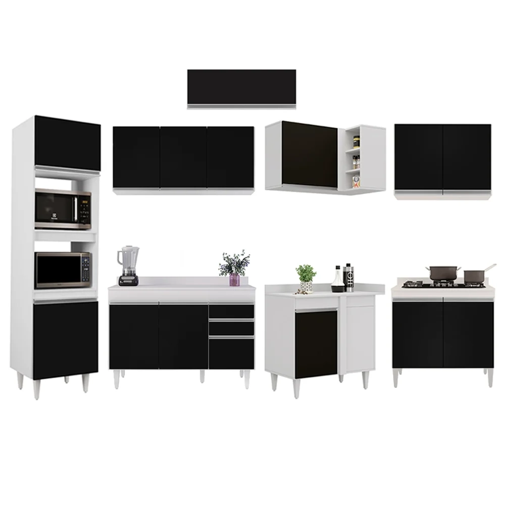 Armário de Cozinha Modulada de Canto 8 Peças CP02 Balcão com Tampo Branco/Preto - Lumil