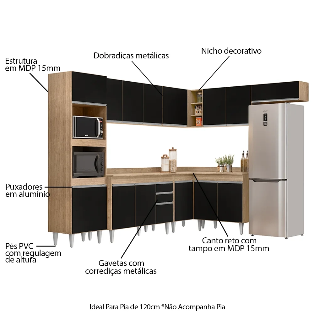 Armário de Cozinha Modulada de Canto 8 Peças CP02 Balcão com Tampo Castanho/Preto - Lumil