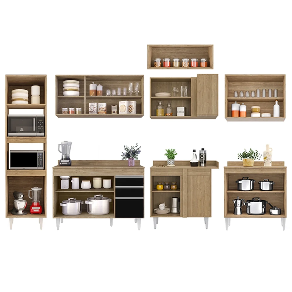 Armário de Cozinha Modulada de Canto 8 Peças CP02 Balcão com Tampo Castanho/Preto - Lumil