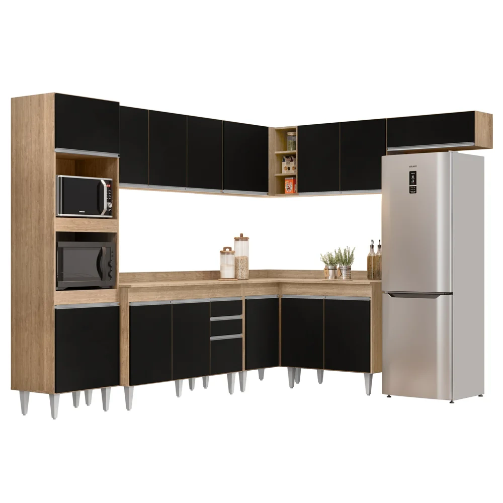 Armário de Cozinha Modulada de Canto 8 Peças CP02 Balcão com Tampo Castanho/Preto - Lumil