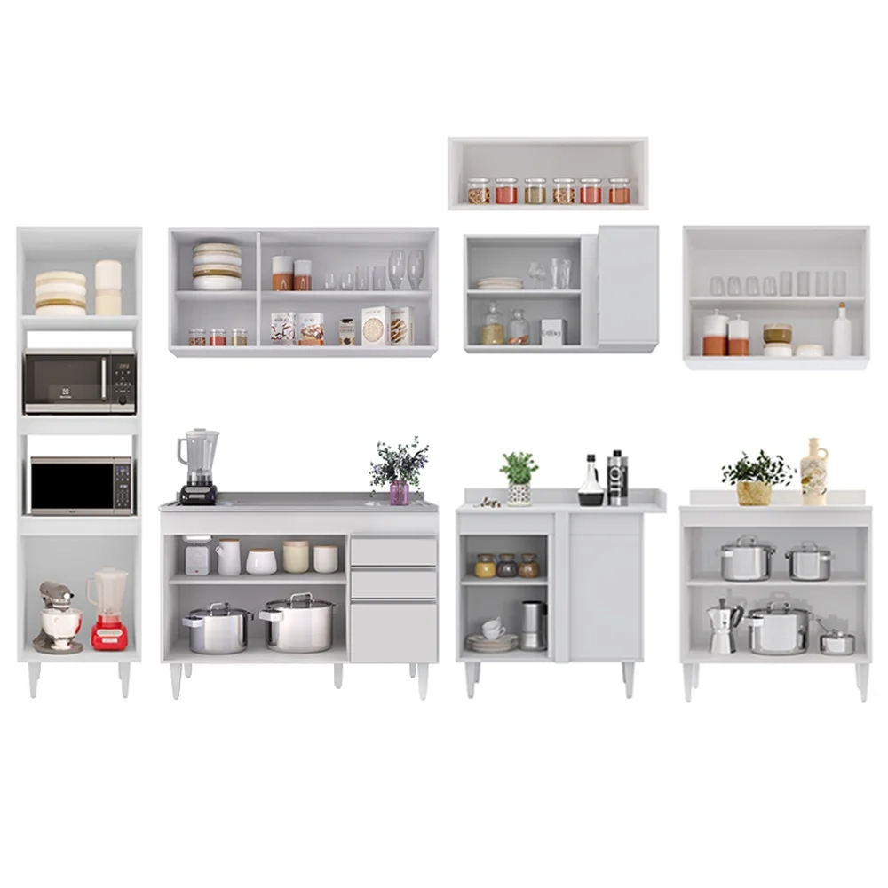 Armário de Cozinha Modulada de Canto 8 Peças CP03 Balcão com Pia Inox Branco - Lumil
