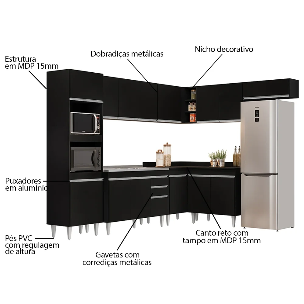 Armário de Cozinha Modulada de Canto 8 Peças CP03 Balcão com Pia Inox Preto - Lumil