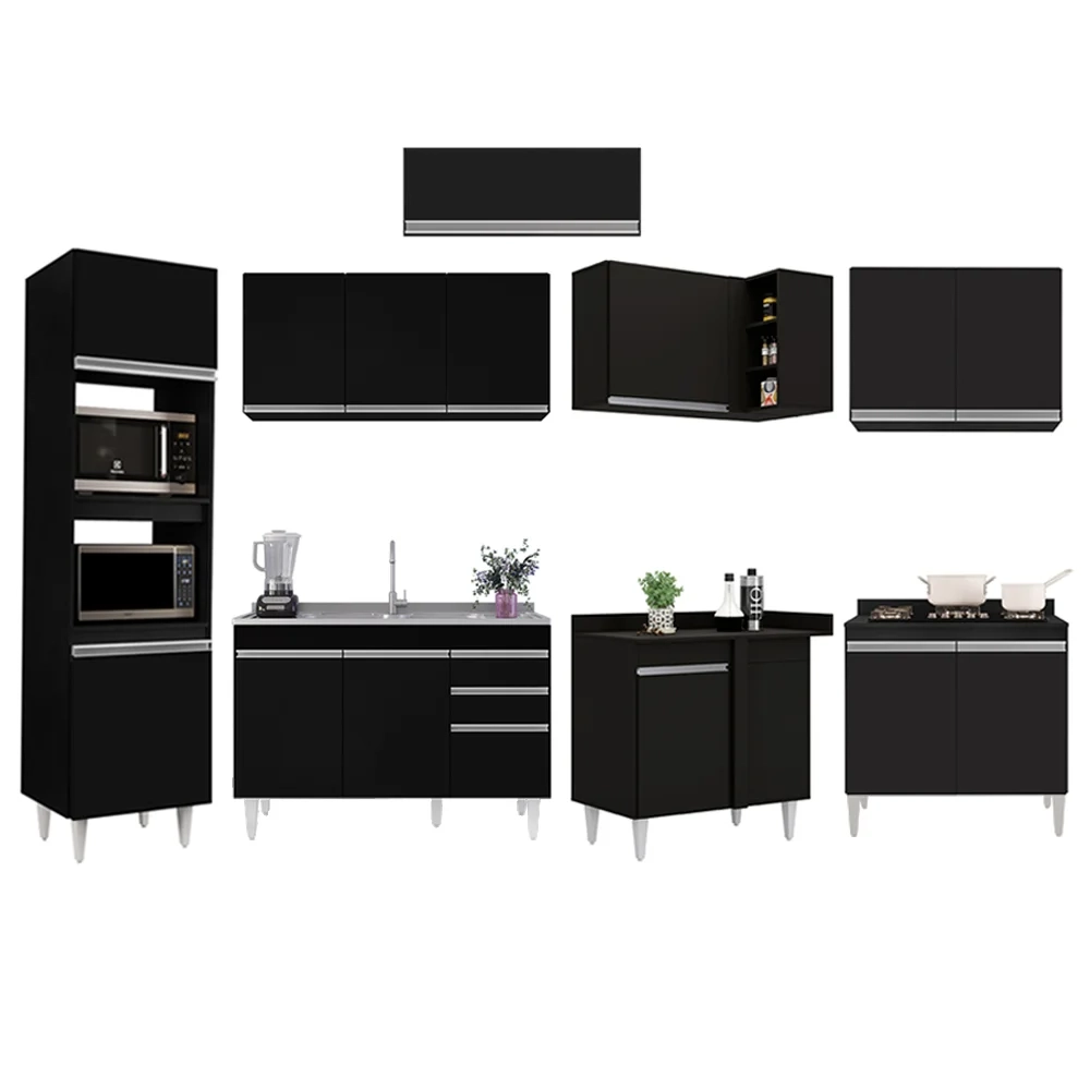 Armário de Cozinha Modulada de Canto 8 Peças CP03 Balcão com Pia Inox Preto - Lumil