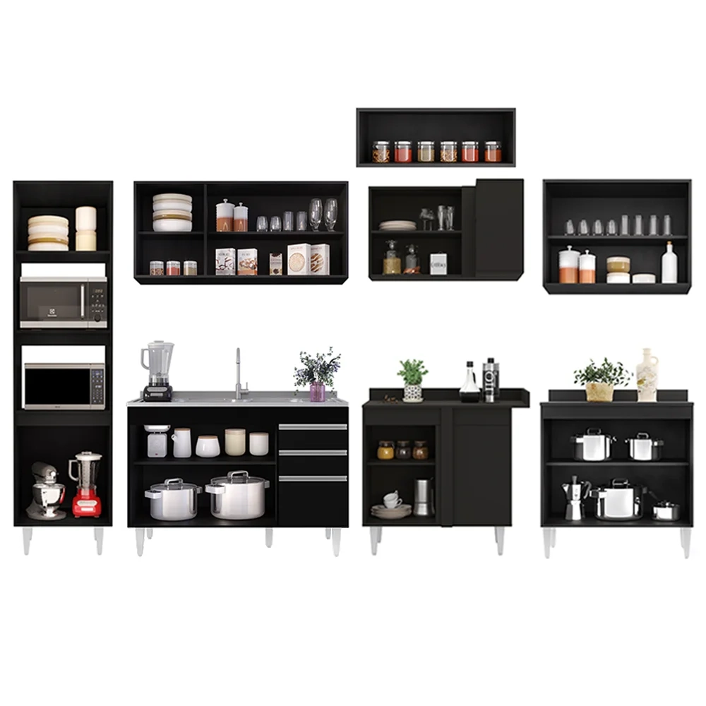 Armário de Cozinha Modulada de Canto 8 Peças CP03 Balcão com Pia Inox Preto - Lumil