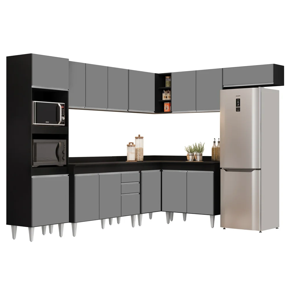 Armário de Cozinha Modulada de Canto 8 Peças CP02 Balcão com Tampo Preto/Cinza - Lumil
