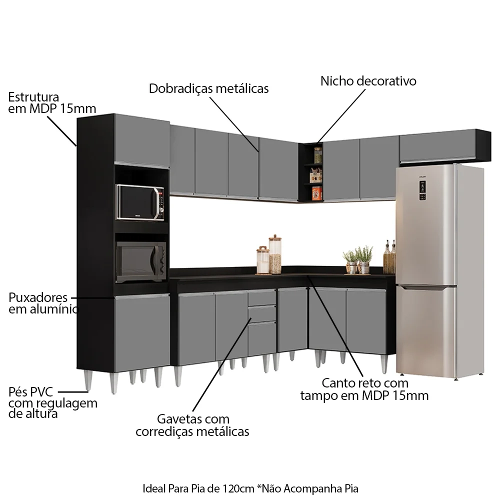 Armário de Cozinha Modulada de Canto 8 Peças CP02 Balcão com Tampo Preto/Cinza - Lumil