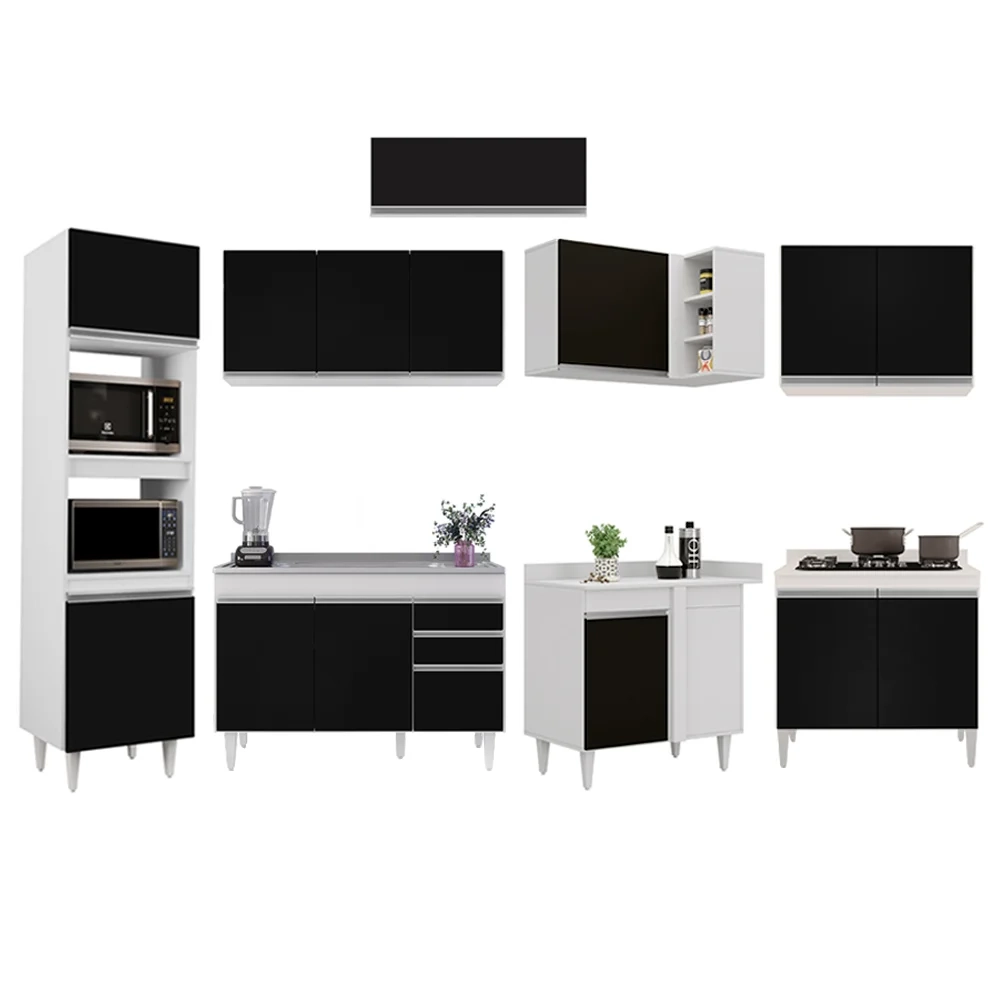 Armário de Cozinha Modulada de Canto 8 Peças CP03 Balcão com Pia Inox Branco/Preto - Lumil
