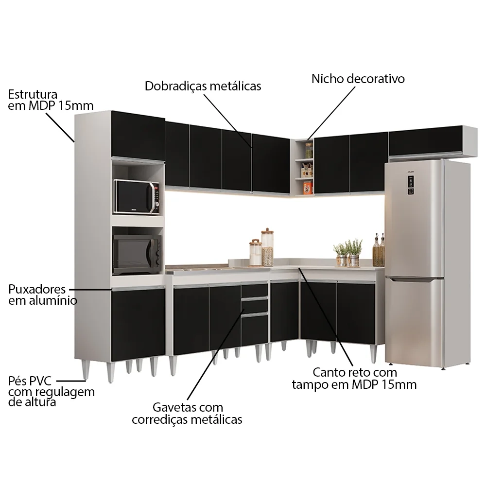 Armário de Cozinha Modulada de Canto 8 Peças CP03 Balcão com Pia Inox Branco/Preto - Lumil