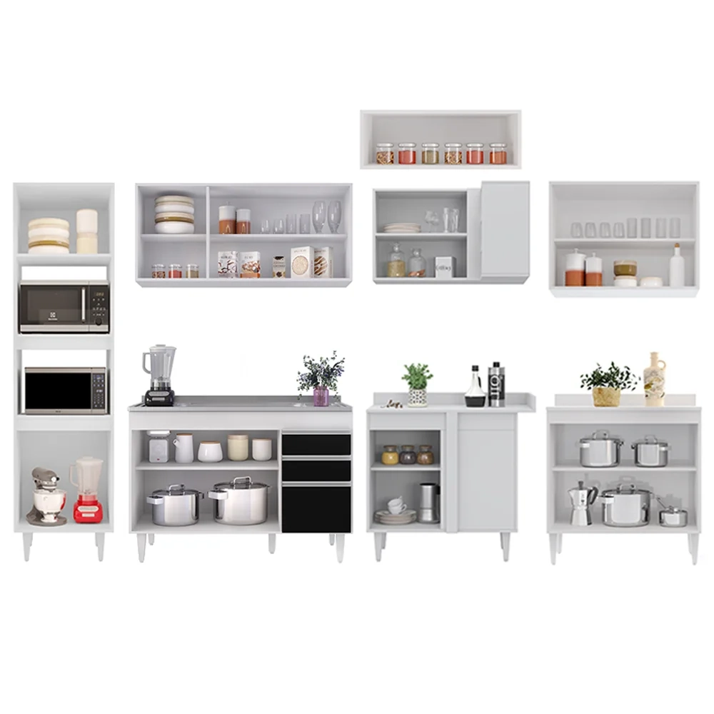 Armário de Cozinha Modulada de Canto 8 Peças CP03 Balcão com Pia Inox Branco/Preto - Lumil