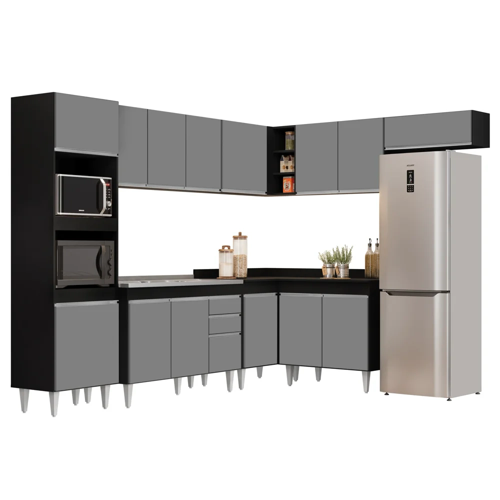 Armário de Cozinha Modulada de Canto 8 Peças CP03 Balcão com Pia Inox Preto/Cinza - Lumil