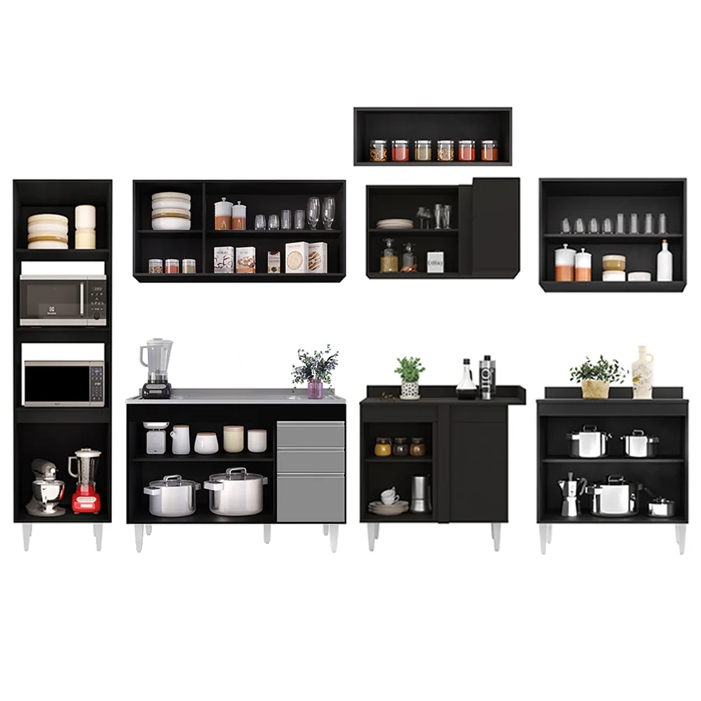 Armário de Cozinha Modulada de Canto 8 Peças CP03 Balcão com Pia Inox Preto/Cinza - Lumil