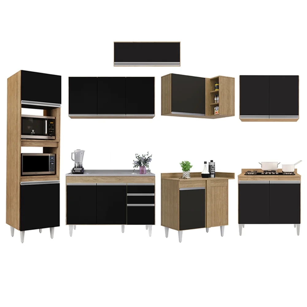 Armário de Cozinha Modulada de Canto 8 Peças CP03 Balcão com Pia Inox Castanho/Preto - Lumil