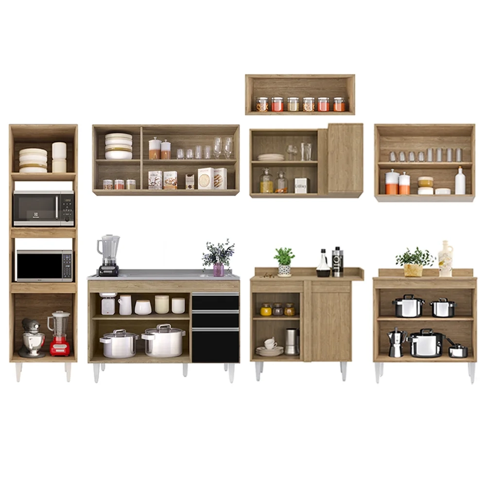 Armário de Cozinha Modulada de Canto 8 Peças CP03 Balcão com Pia Inox Castanho/Preto - Lumil