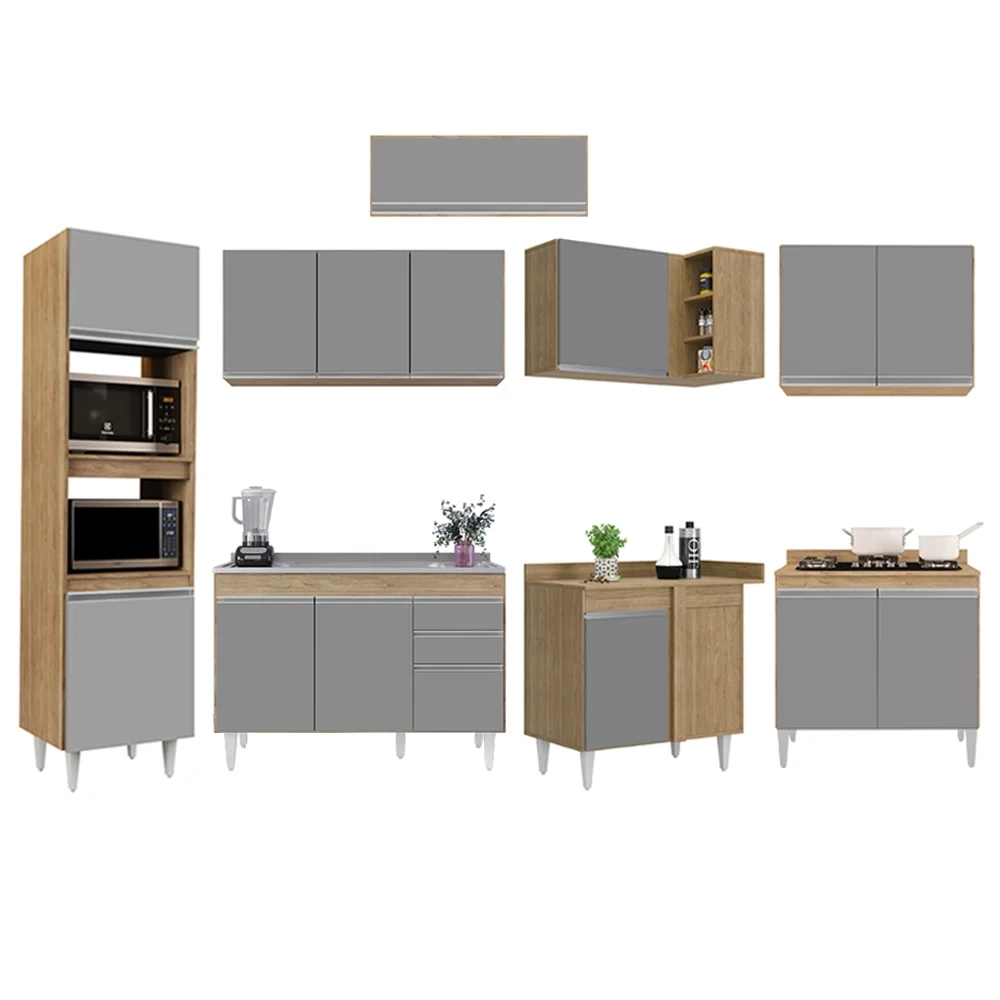 Armário de Cozinha Modulada de Canto 8 Peças CP03 Balcão com Pia Inox Castanho/Cinza - Lumil