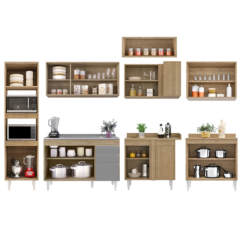 Armário de Cozinha Modulada de Canto 8 Peças CP03 Balcão com Pia Inox Castanho/Cinza - Lumil