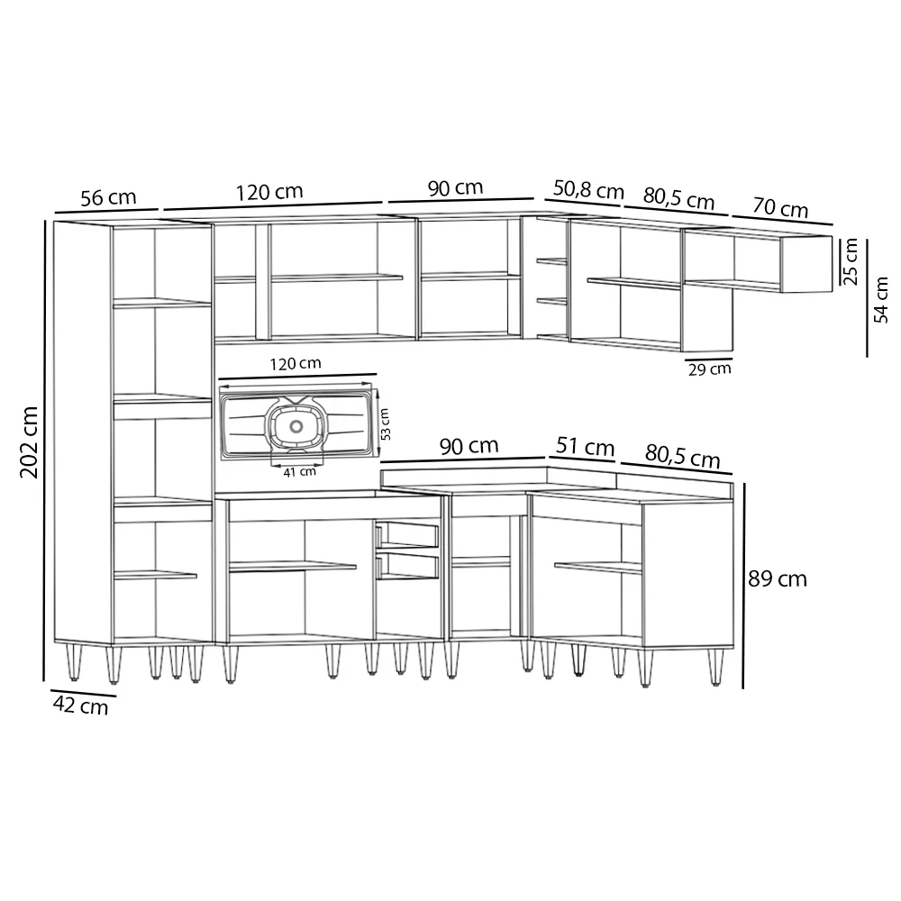 Armário de Cozinha Modulada de Canto 8 Peças CP03 Balcão com Pia Inox Castanho/Cinza - Lumil