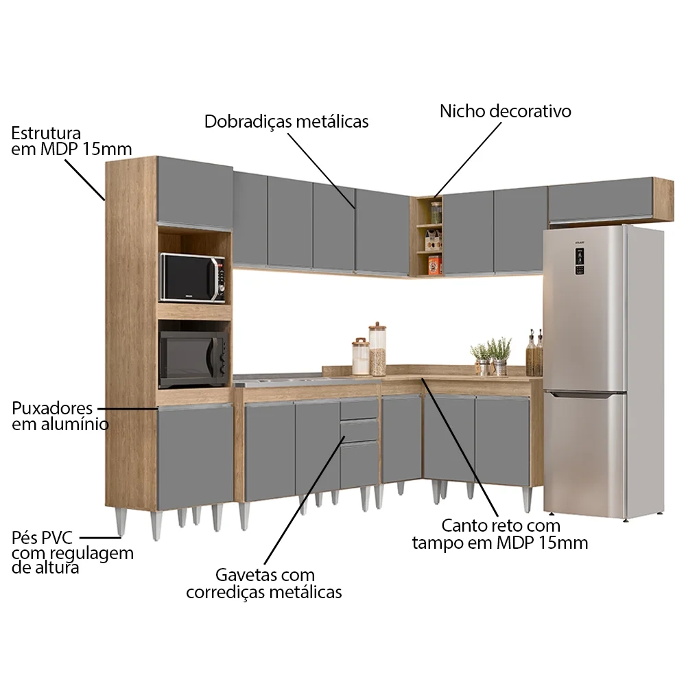 Armário de Cozinha Modulada de Canto 8 Peças CP03 Balcão com Pia Inox Castanho/Cinza - Lumil