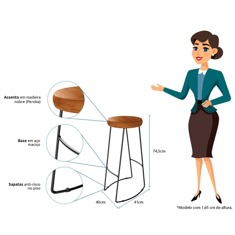 Kit 4 Banquetas Altas para Cozinha Estilo Industrial Aura D09 Peroba - Mpozenato