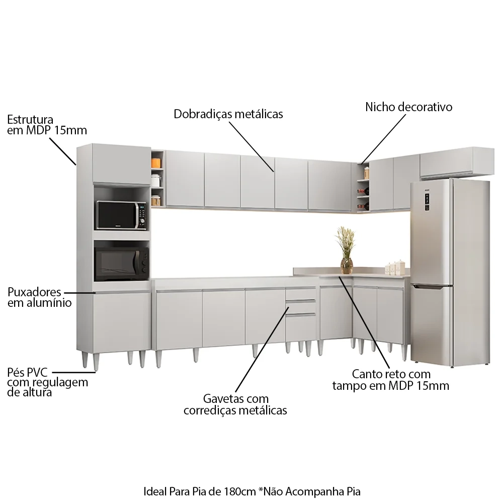 Armário de Cozinha Modulada de Canto 9 Peças CP04 Balcão Branco - Lumi