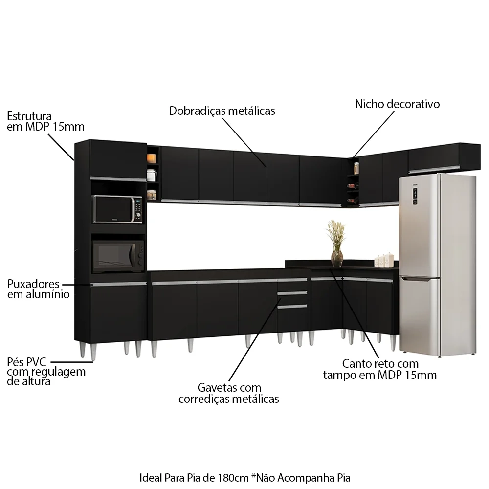 Armário de Cozinha Modulada de Canto 9 Peças CP04 Balcão Preto - Lumil