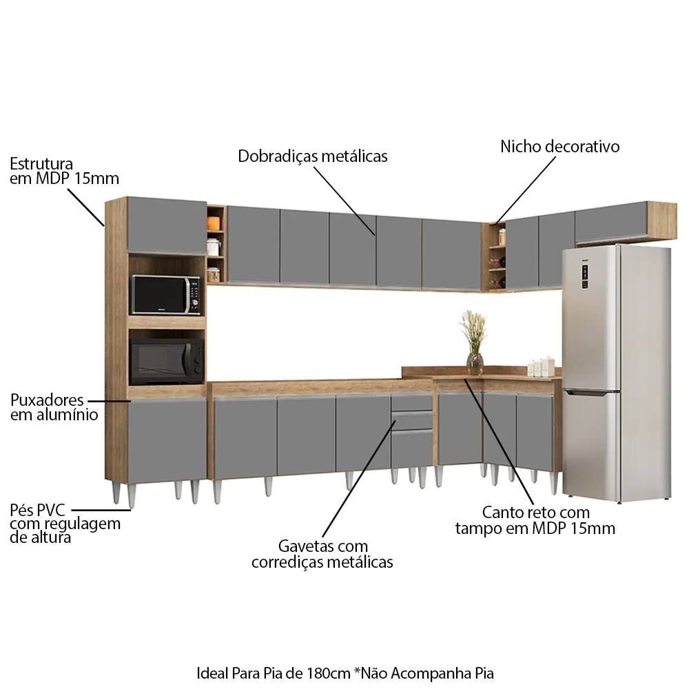 Armário de Cozinha Modulada de Canto 9 Peças CP04 Balcão Castanho/Cinza - Lumil
