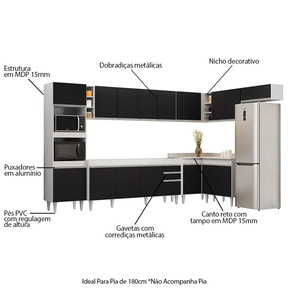 Armário de Cozinha Modulada de Canto 9 Peças CP04 Balcão Branco/Preto - Lumil