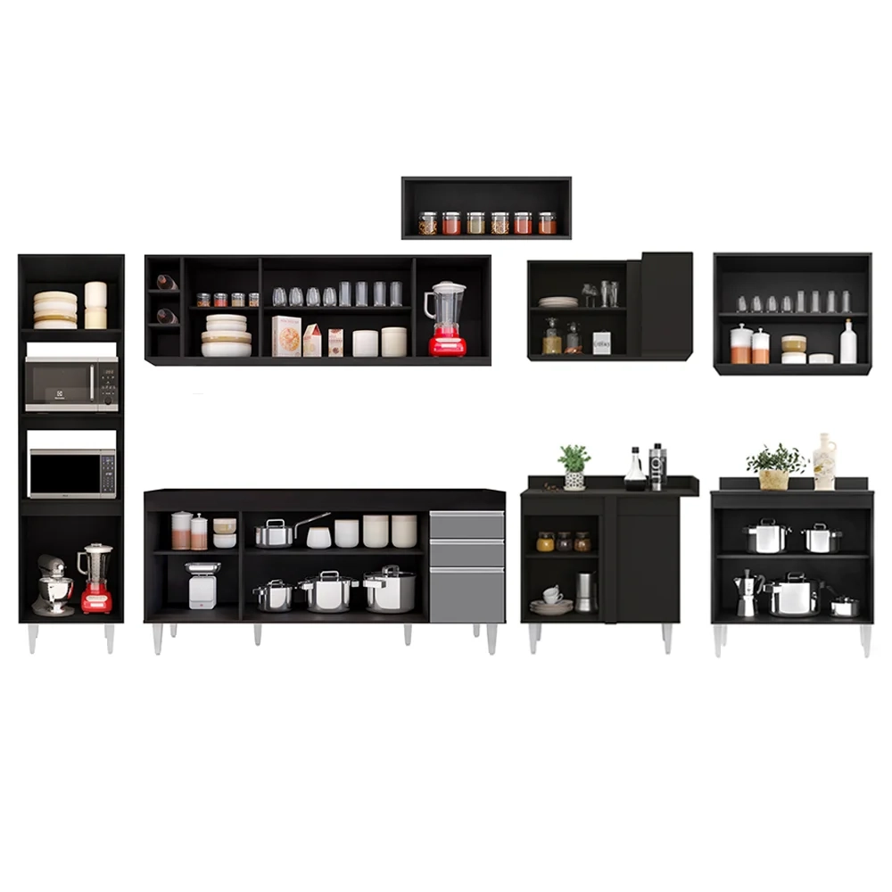 Armário de Cozinha Modulada de Canto 9 Peças CP04 Balcão Preto/Cinza - Lumil