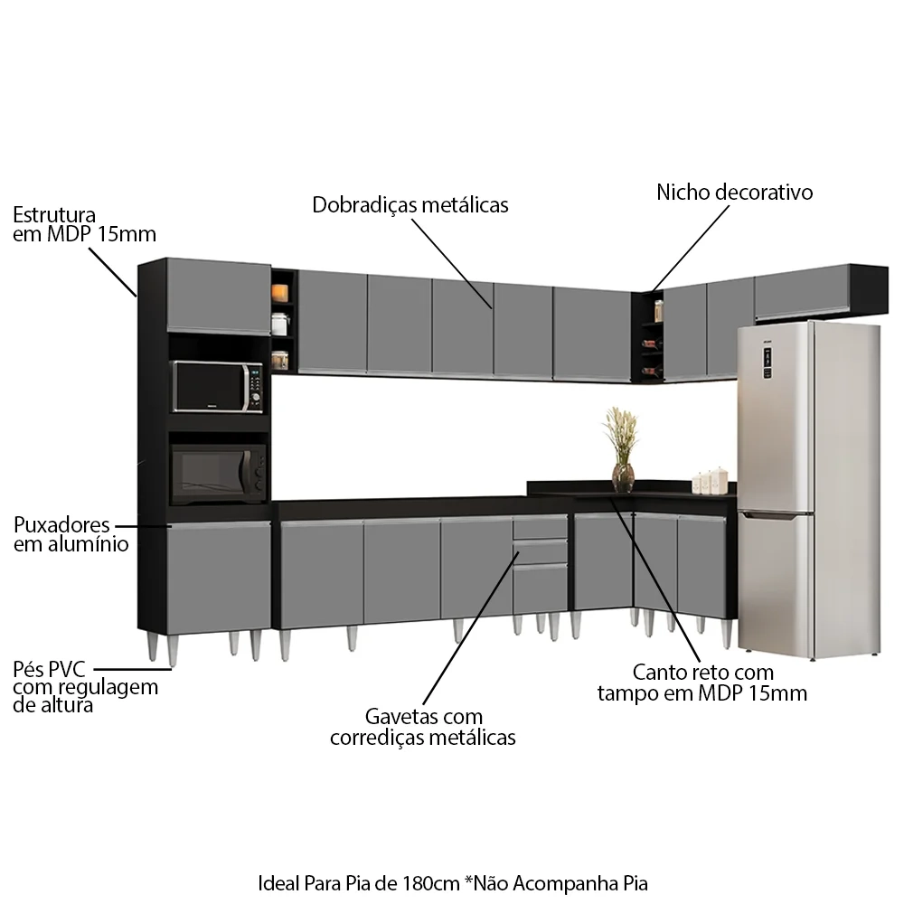 Armário de Cozinha Modulada de Canto 9 Peças CP04 Balcão Preto/Cinza - Lumil