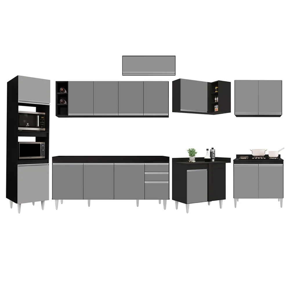 Armário de Cozinha Modulada de Canto 9 Peças CP04 Balcão Preto/Cinza - Lumil