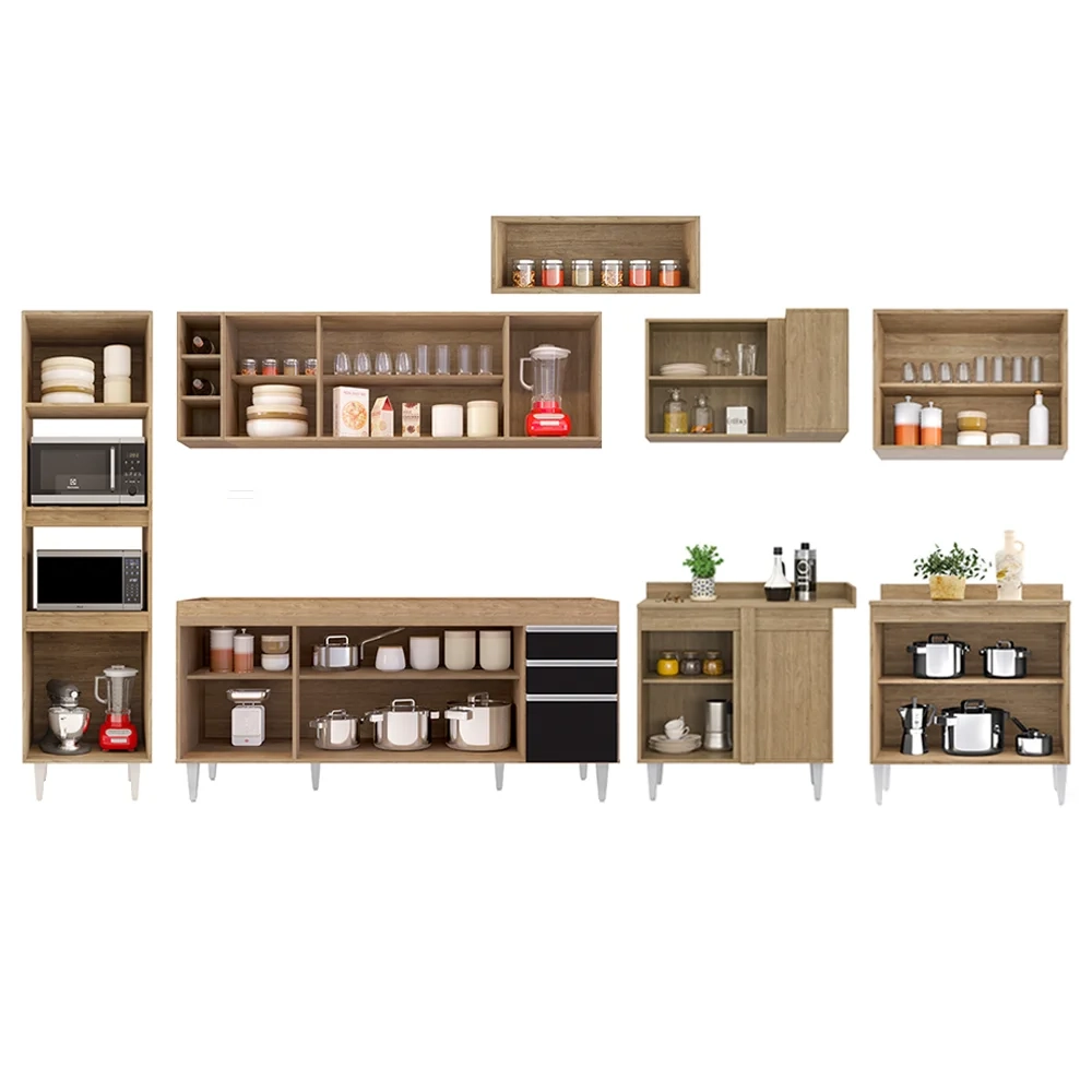 Armário de Cozinha Modulada de Canto 9 Peças CP04 Balcão Castanho/Preto - Lumil