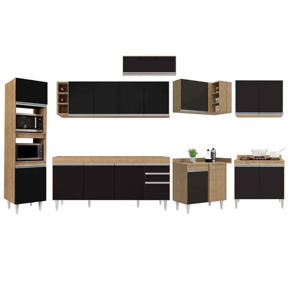 Armário de Cozinha Modulada de Canto 9 Peças CP04 Balcão Castanho/Preto - Lumil