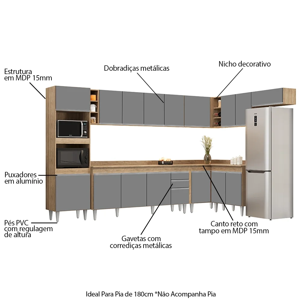 Armário de Cozinha Modulada de Canto 9 Peças CP05 Balcão com Tampo Castanho/Cinza - Lumil